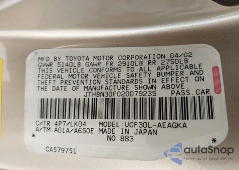 2002 Lexus Ls 430 z USA, uszkodzony, nr VIN JTHBN30F020079235